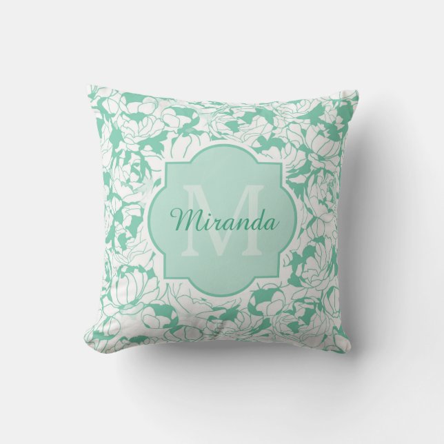 Almofada Modern Mint Green Floral Girly Monograma Com Nome (Frente)
