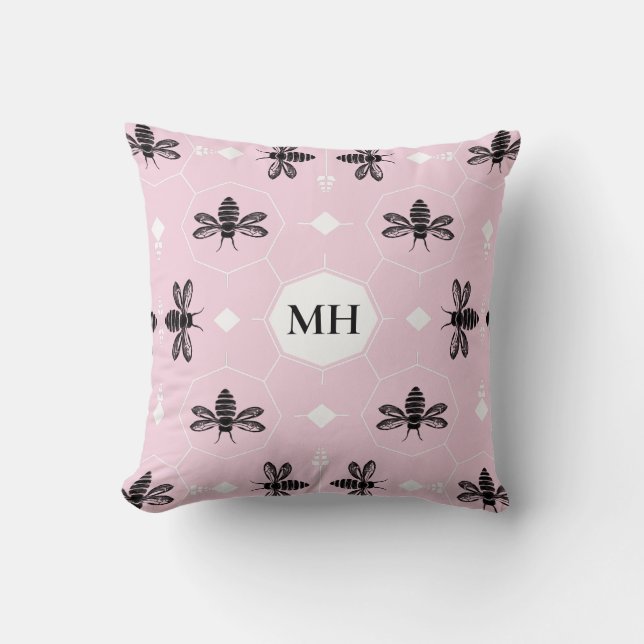Almofada Modern Pink Elegant Black Bee Pattern Monogram (Frente)