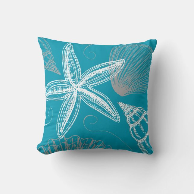 Almofada Modern Seashell Beach House Aqua Blue Starfish (Frente)