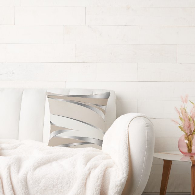 Almofada Modern Sleek Metallic Silver and Beige Abstract (Sofá)