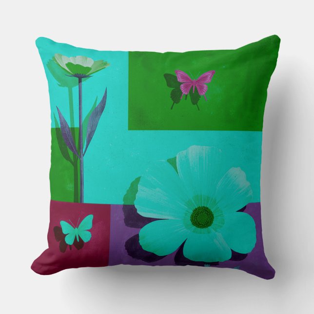 Almofada Modern Teal Floral Garden Throw Pillow (Frente)