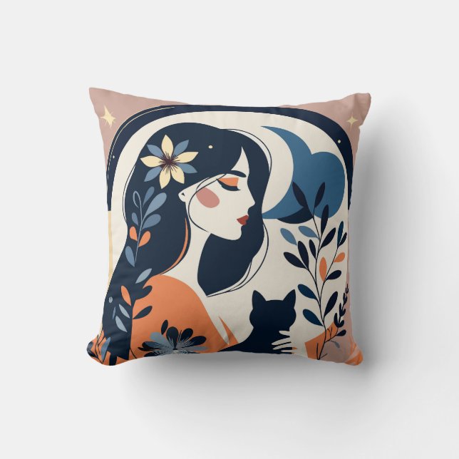 Almofada Modern Woman and Cat Throw Pillow  Boho Floral Art (Frente)