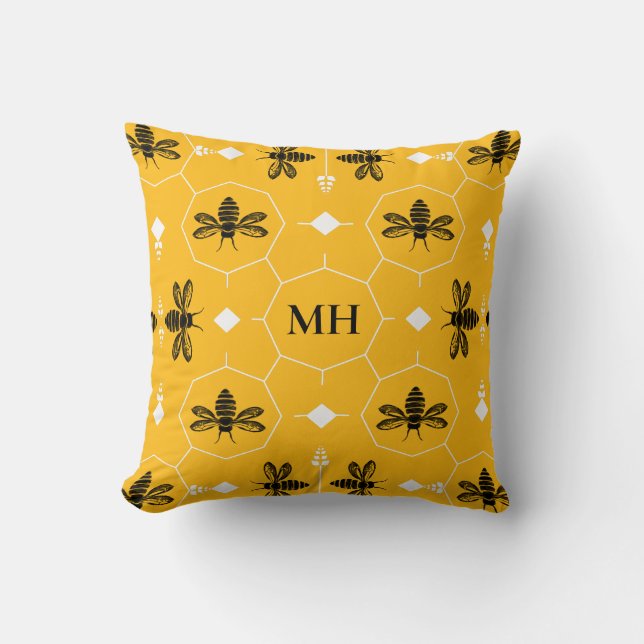 Almofada Modern Yellow Elegant Black Bee Pattern Monogram (Frente)