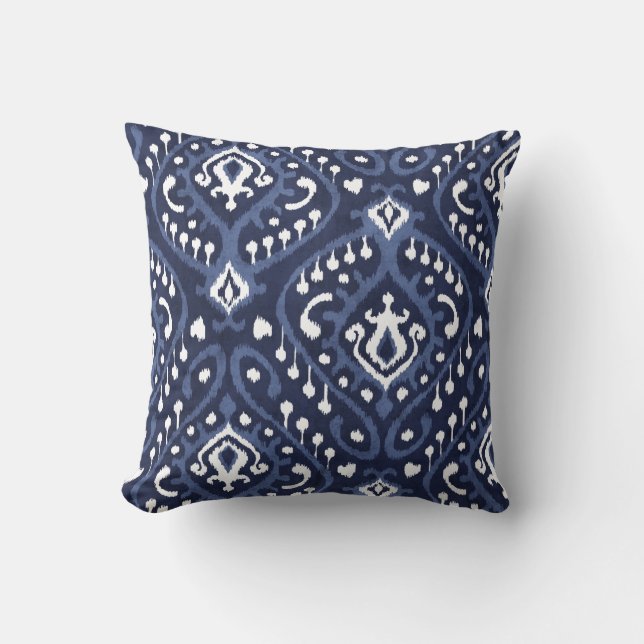 Almofada moderna e elegante de ikat azul e branco (Frente)