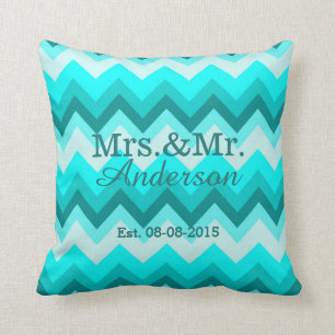 Almofada moderna ombre turquoise chevron mr e mrs