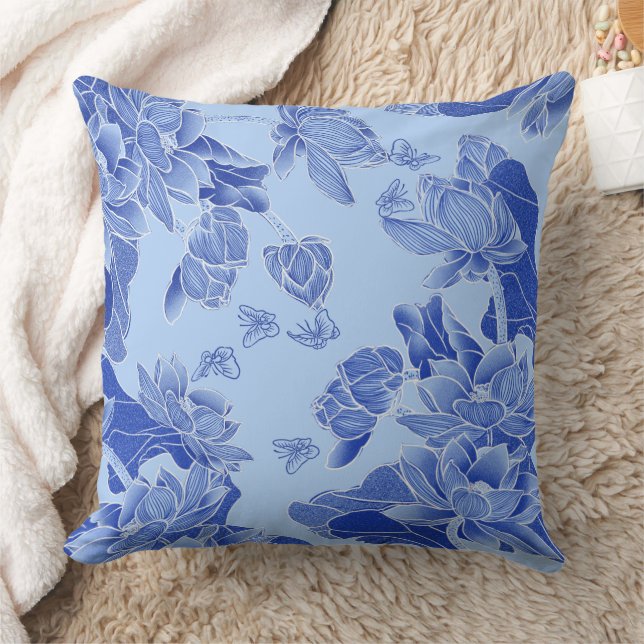 Almofada Moderna Retro Blue Chinoiserie Chic Lotus Mandala (Cobertor)