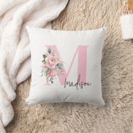 Almofada Moderno Elegante Cor-de-rosa Floral Nome Inicial M
