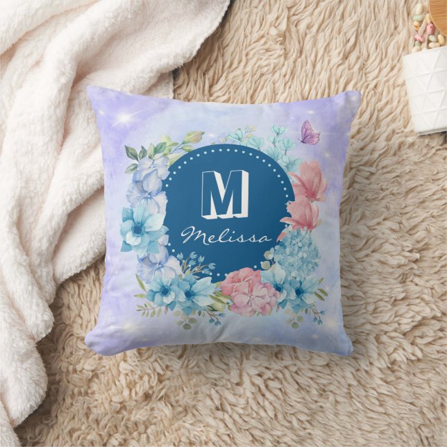 Almofada Moderno Floral em Azul Roxo com Brilho em Aquarela (Cobertor)