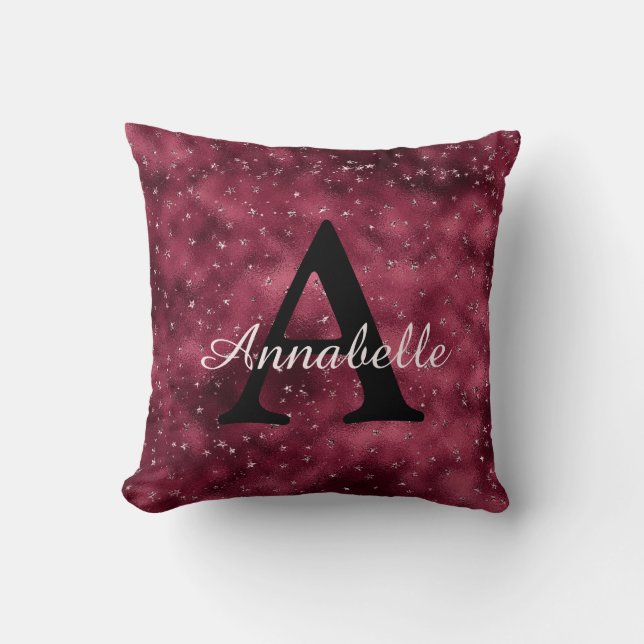Almofada Moderno Glam Burgundy Silver Sparkle Stars Monogra (Frente)