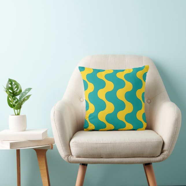 Almofada Moderno Retro Abstrato Ondulado em Azul Turquesa e (Cadeira)