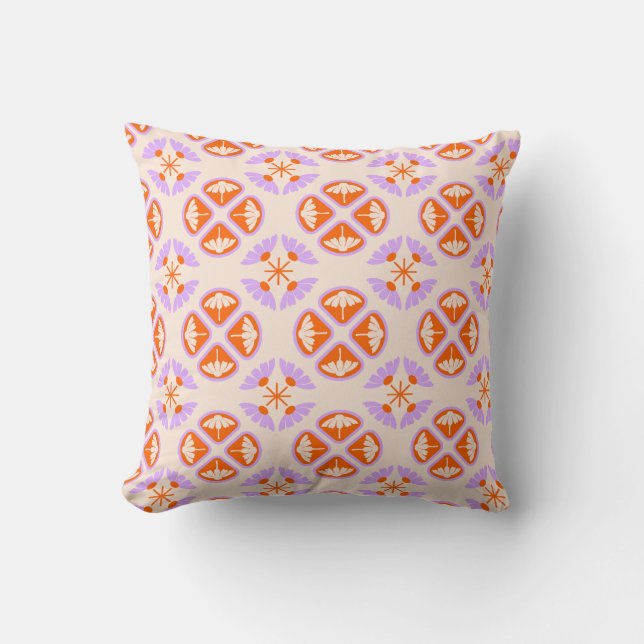 Almofada Moderno Retro de Meados do Século Laranja e Floral (Frente)