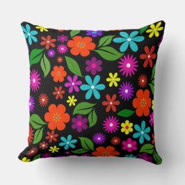 Almofada moderno retro floral vibrante preto de meados do s