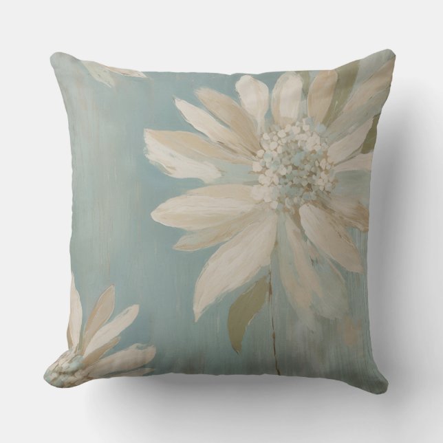 Almofada Moderno Rústico Bege Creme Floral Azul Turquesa (Frente)