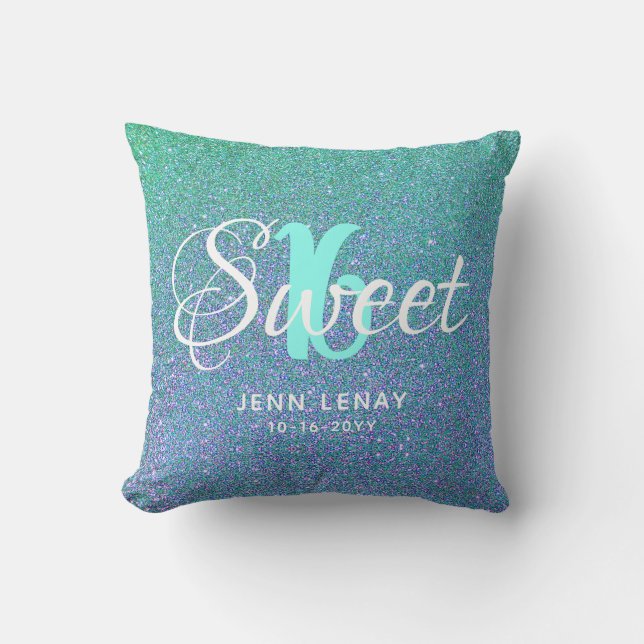 Almofada Moderno Sweet 16 Teal Aqua Glitter Personalizado (Frente)