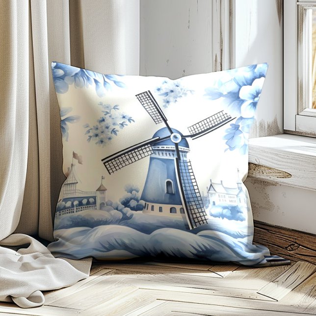 Almofada Moinho de Vento Holandês Delft Azul Vintage (Vintage blue windmill decorator pillow)
