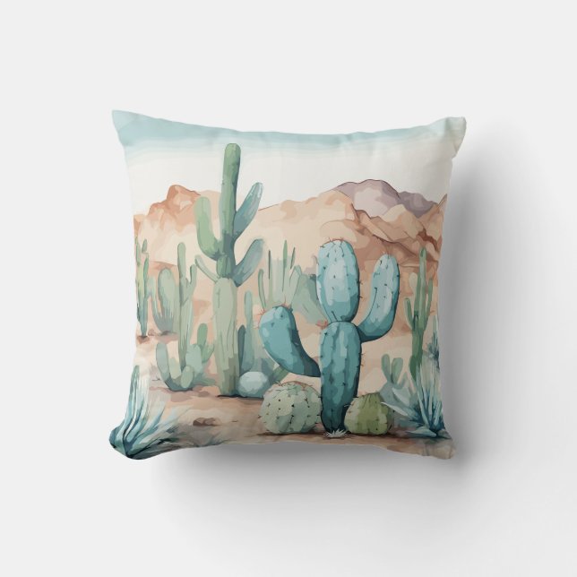 Almofada Mojave Desert Cactus Watercolor (Frente)