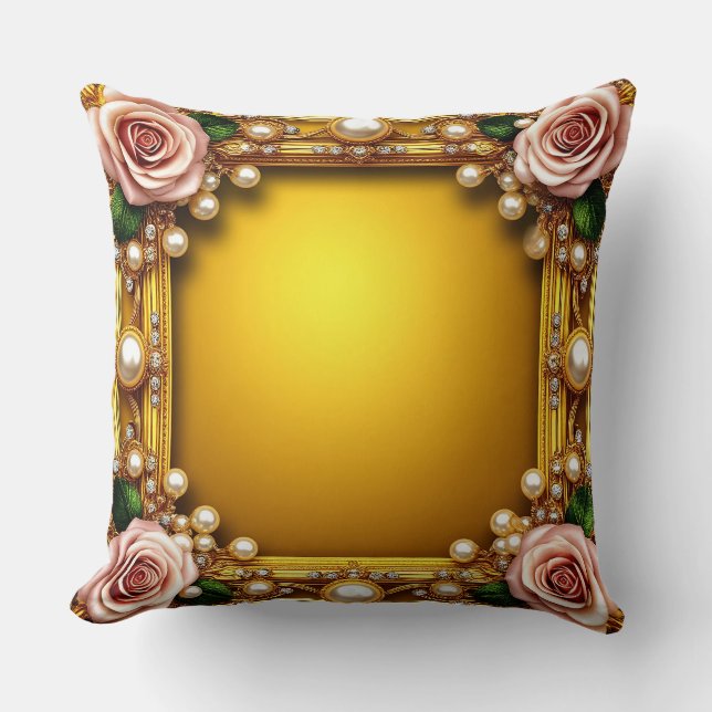 Almofada Moldura Dourada Com Rosas e Pérolas Elegantes (Frente)