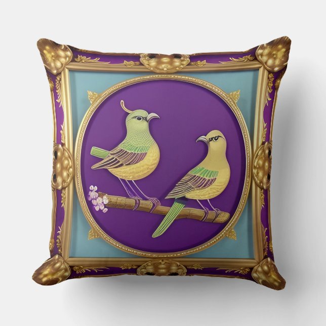Almofada 🌟 Moldura Dourada de Pássaros Clássico Decoração  (Frente)