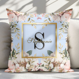 Almofada Moldura Dourada Floral Elegante Monograma Azul Cla