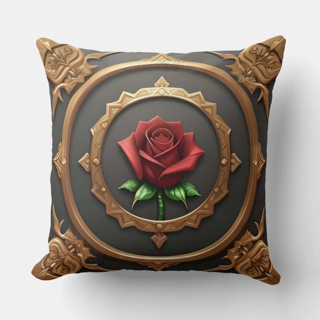 Almofada Moldura Dourada Intrincada com Rosa Vermelha (Frente)