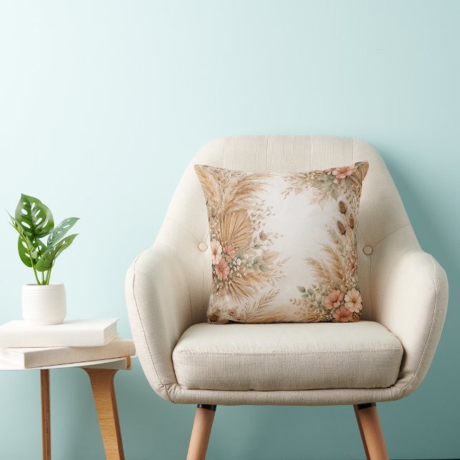 Almofada Moldura Floral Boho Pampas Bege Rosa (Cadeira)