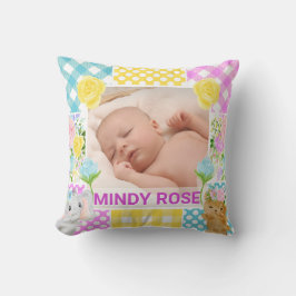 Almofada Moldura Floral e Xadrez Foto Bebê Recém-Nascido