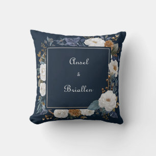 Almofada Moldura Quadrada Floral Peônia Azul Marinho Branco