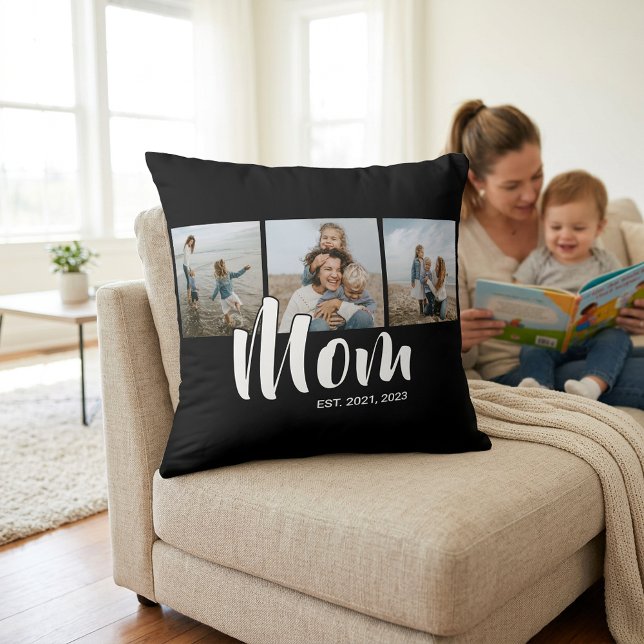 Almofada Mom Established Modern Script Black 3 Photo (Mom Established Modern Script Black 3 Photo Throw Pillow)