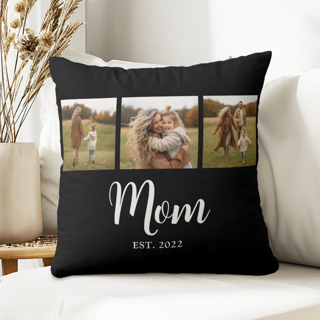 Almofada Mom Established Modern Simple Script Black 3 Photo (Established Mom 3 photo white script text cushion)