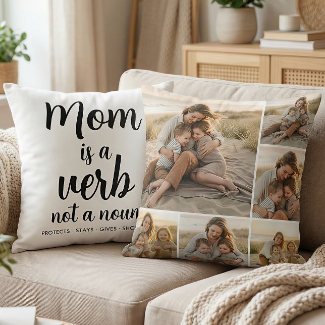 Almofada Mom Is a Verb Family Photo Collage Mother Keepsake (Criador carregado)