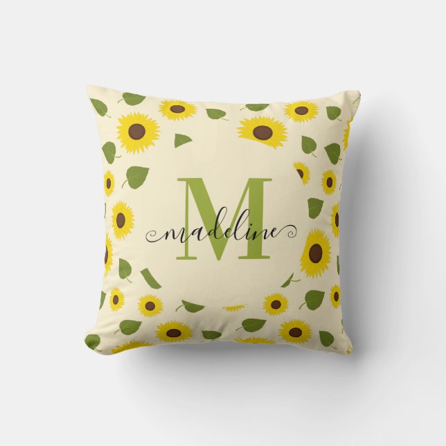 Almofada Mona de Girassol Chic Amarelo Folha Verde Script M (Frente)
