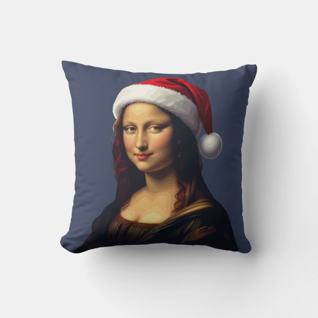 Almofada Mona Lisa Santa Hat Christmas Holiday Cut Out (Frente)