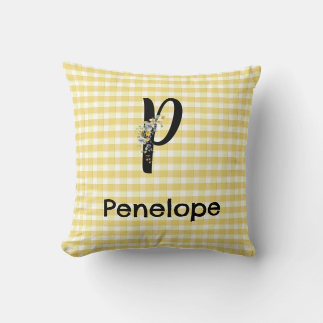 Almofada Monogram initial watercolor flower gingham pattern (Frente)