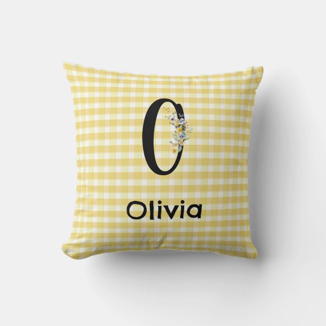 Almofada Monogram initial watercolor flower gingham pattern (Frente)