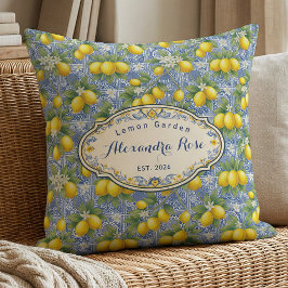 Almofada Monogram Name Lemon Blue French Country Tile 