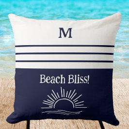 Almofada Monogram Navy Blue Nautical Stripes Beach House