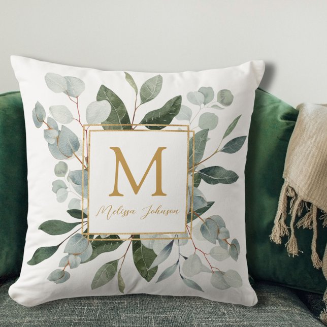 Almofada Monogram Watercolor Tropical Green Leaves White (In situ)