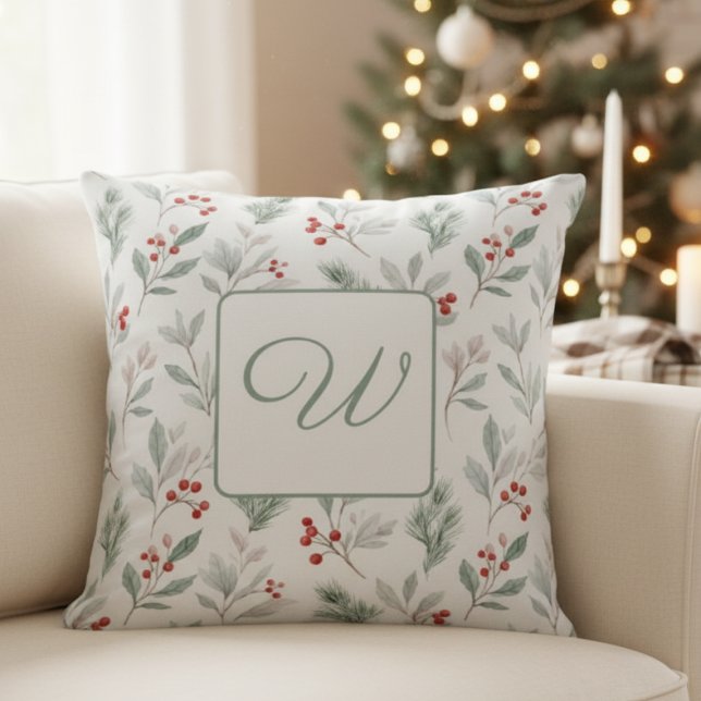 Almofada Monogram Winter Foliage Holiday Pillow (Holiday monogram Christmas pillow)