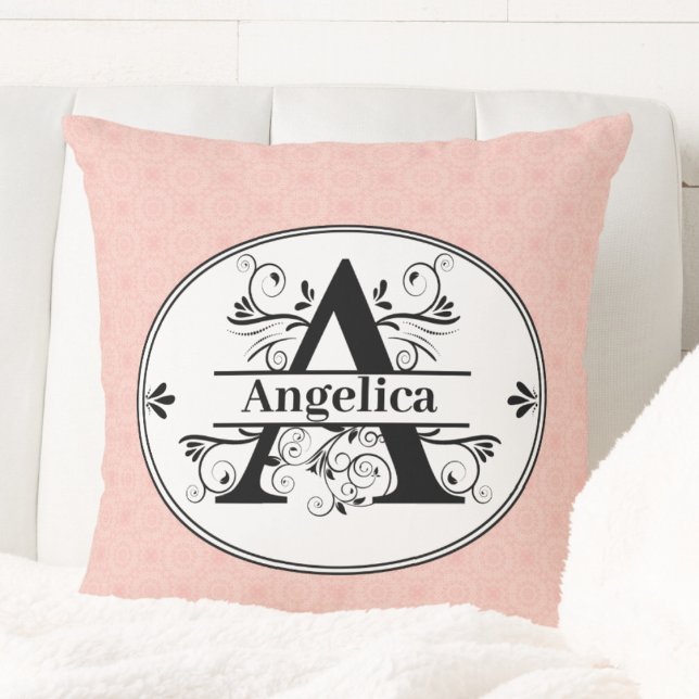 Almofada Monograma A com um fundo de padrão rosa pequeno (Monogram A with small pink pattern background Throw Pillow)