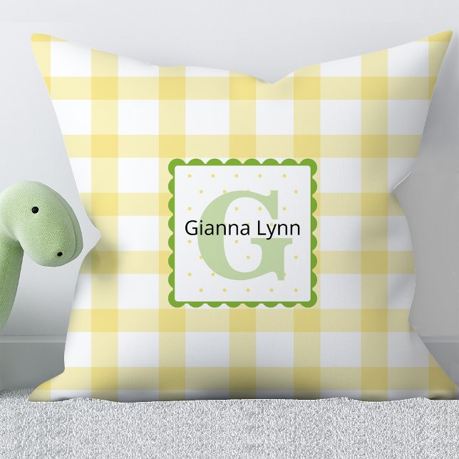 Almofada Monograma Amarelo e Verde Gingham Baby (Criador carregado)