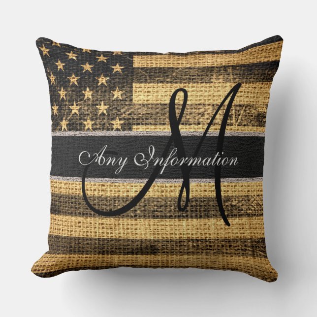 Almofada Monograma Americano Flag Burlap Linen Rustic Jute  (Frente)