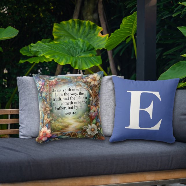 Almofada Monograma Azul de Escritura de Jardim Floral (Criador carregado)