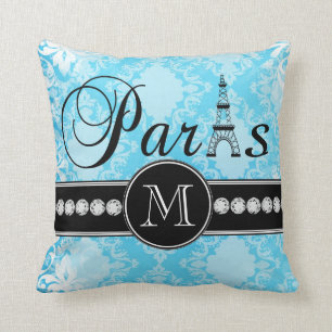 Almofada Monograma azul feminino de Paris do preto do