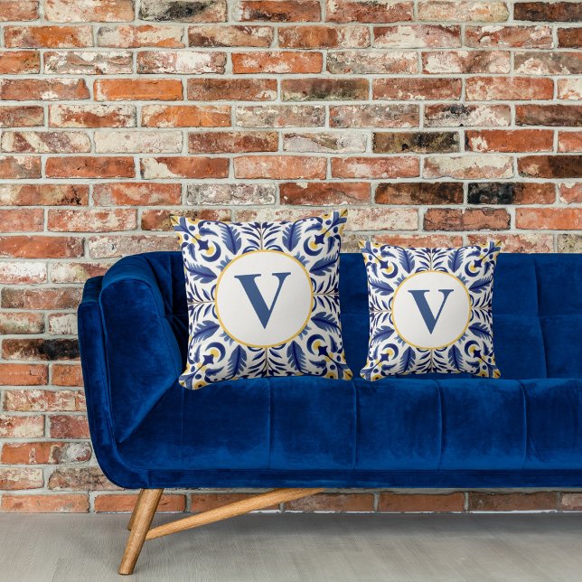 Almofada Monograma Azul Flor Amarelo Limão (Criador carregado)