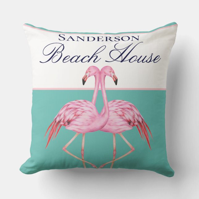Almofada Monograma Beach Teal Flamingos marinho azul (Frente)