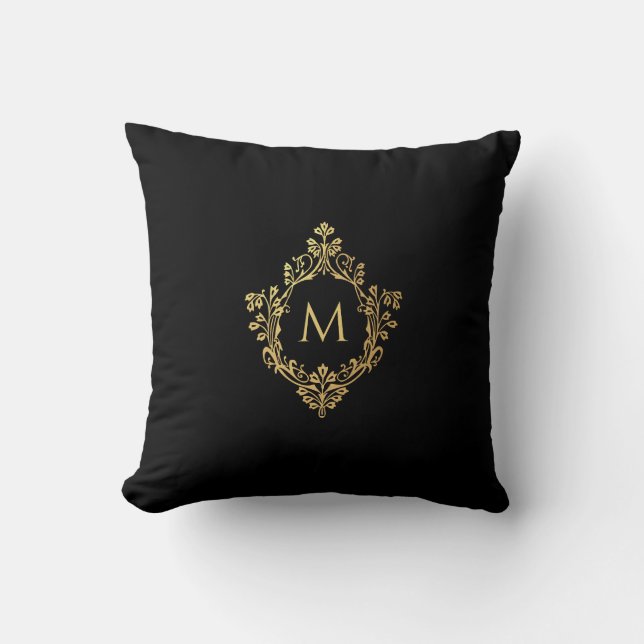 Almofada Monograma Black Faux Dourado Crest Elegage (Frente)