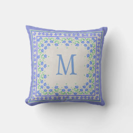 Almofada Monograma Blue Periwinkles Borda Floral Faux Linen