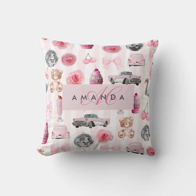 Almofada Monograma Bola de Discoteca Rosa Clássico Coquette (Frente)