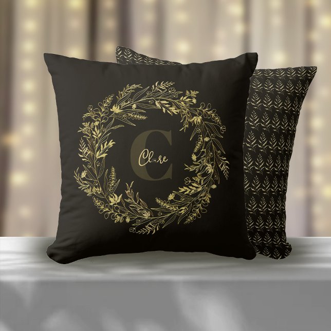 Almofada Monograma Botânico Clássico Dourado Letra C (Criador carregado)
