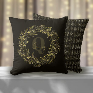 Almofada Monograma Botânico Dourado da Letra Q Silenciosa